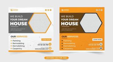 Creative housing business template vector with geometric shapes. Construction work service social media marketing template. Real estate business promotion template with yellow and white colors.