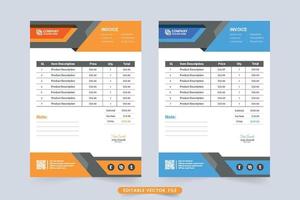 Professional corporate invoice template vector with blue and orange colors. Business invoice and payment voucher design with abstract shapes. Minimal price receipt and billing paper template.