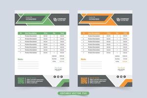 Modern business invoice and payment voucher design with abstract shapes. Print-ready invoice template vector with green and orange colors. Payment Agreement and price receipt template decoration.