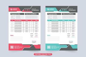 Simple invoice template vector with abstract shapes and product price section. Payment agreement and invoice bill template design with blue and red colors. Print-ready professional business invoice.