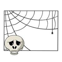 Square decorative frame with cobwebs, sad skull, copy space, vector illustration in cartoon style