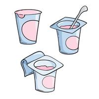 A set of colored icons, a small plastic jar with pink fruit yogurt and a spoon, a copy space, a cartoon-style vector on a white background