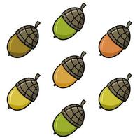 Set of colorful autumn icons, ripe acorns from the oak tree, vector illustration in cartoon style on a white background