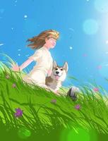 a little girl is sitting in a meadow with her dog and enjoying beautiful nature and bright sunlight in front of her. vector