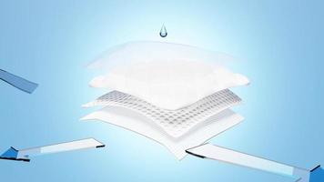 3d ventileren shows water plons transparant voor luiers, synthetisch vezel haar- absorberend laag met sanitair servet, transparant film baby luier volwassen concept, 3d animatie video