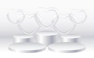 Silver 3d cylinder set podium with heart presentation mock up vector