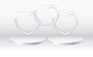 Silver 3d cylinder set podium with heart presentation mock up vector