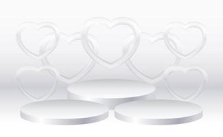 Silver 3d cylinder set podium with heart presentation mock up vector