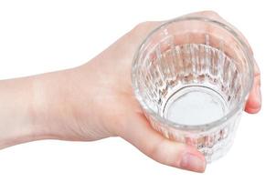 above view of hand holding clear water in glass photo