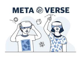 A teenage boy and girl wearing virtual reality glasses . The metaverse concept. Technologies of games in virtual reality. Vector illustration