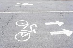 Road markings of a bicycle path in a park on a riding lane. A sidewalk for pedestrians and a lane for cyclists. Rules of road safety, active recreation area photo