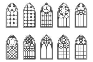 Church medieval windows set. Old gothic style architecture elements. Vector outline illustration on white background.