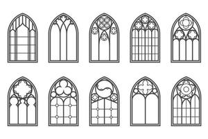 Church medieval windows set. Old gothic style architecture elements. Vector outline illustration on white background.