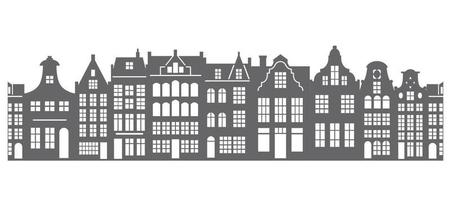 European houses seamless border. Amsterdam buildings row pattern. Silhouette of street of the city. Vintage architecture landscape. Vector panorama.