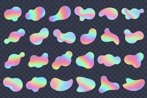 Blob shapes with holographic gradient. Organic rainbow amoeba blobs. Liquid irregular forms and splashes. Modern memphis bubbles vector set
