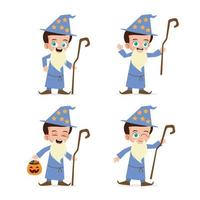 Cute Kid Wearing Wizard Costume for Halloween Vector Illustration