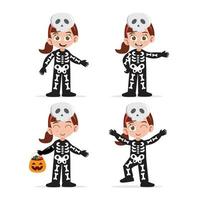 Cute Girl Wearing Skeleton Costume for Halloween Vector Illustration