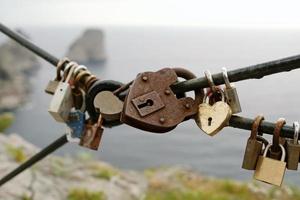 Love locks at the coast of Capri, Italy, in the background photo