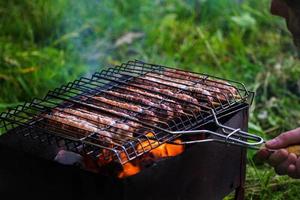 Lulya kebab from meat are prepared in the grill. Shish kebab in the grill. photo