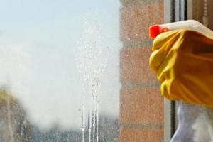 detergent jet from spray bottle on window photo