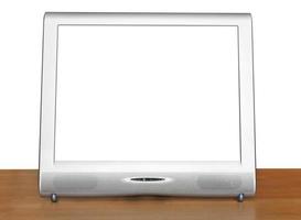 front view of silver TV set display on table photo