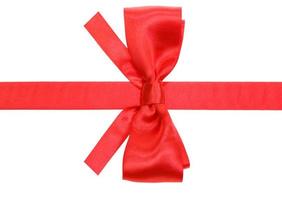 real red silk bow with square cut ends on ribbon photo