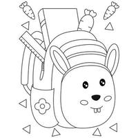 Rabbit bunny school bag backpacks with supplies in open pockets and carrots coloring pages for kids vector