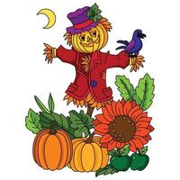 Creepy Halloween straw scarecrow with hat pumpkin and sunflowers Halloween coloring illustration art vector