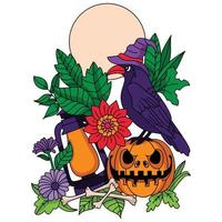 Crow wearing witch hat standing on pumpkin Hurricane lamp creepy Halloween coloring illustration vector