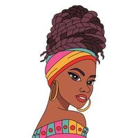 Young African black girl in a colorful turban with afro traditional hairstyle coloring illustration