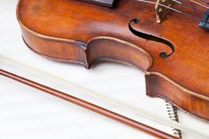 violin bout and bow on music book photo