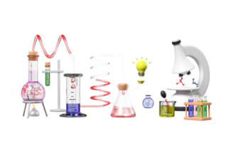 3D-Wissenschaftsexperiment-Kit mit Alkohollampe, Becherglas, Reagenzglas, Mikroskop, Glühbirne isoliert. innovative online-bildung im klassenzimmer, ideentippkonzept, 3d-renderillustration png