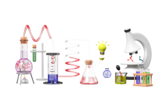 Kit d'expérience scientifique 3d avec lampe à alcool, bécher, tube à essai, microscope, ampoule isolée. éducation innovante en ligne en classe, concept de pointe d'idée, illustration de rendu 3d png