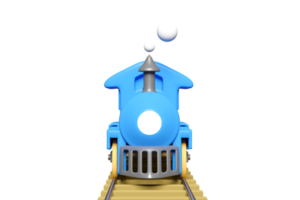 Locomotora 3d con vías férreas, juguete de transporte de trenes de vapor, servicio de viajes de verano, planificación de trenes de turismo de viajeros aislados. vista frontal, ilustración de presentación 3d png