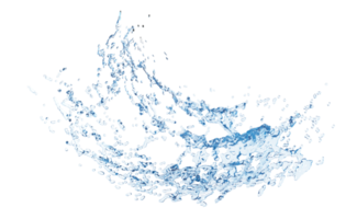 Agua azul clara 3d esparcida alrededor, salpicaduras de agua transparentes, aisladas en fondo blanco. ilustración de procesamiento 3d png