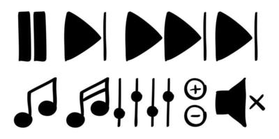 conjunto de controles de música dibujados a mano en estilo garabato vector