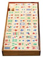 above view of wood mahjong game tiles in box photo