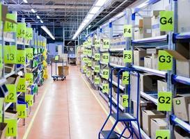 stands with carton boxes in storage warehouse photo