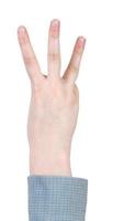 contar tres - gesto de la mano aislado en blanco foto