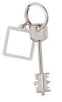 big double-sided key and square keychain on ring photo