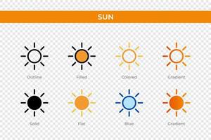 icono del sol en un estilo diferente. iconos de vector de sol diseñados en contorno, sólido, coloreado, relleno, degradado y estilo plano. símbolo, ilustración de logotipo. ilustración vectorial