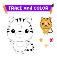 Traza y colorea el animal. una hoja de entrenamiento para niños en edad preescolar.tareas educativas para niños.libro para colorear de tigre vector