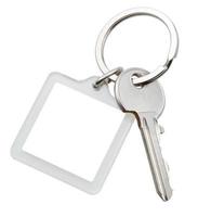 one door key and square keychain on ring photo