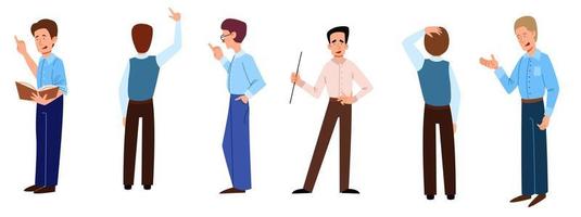 Set of men shows and tells. Teacher with a pointer and a book in his hand. vector