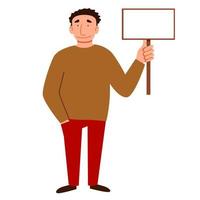 a dark-haired man with a sign for the text in his hand. vector