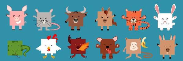 A set of square-shaped Chinese zodiac animals. vector