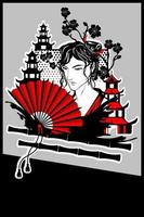 Man with a red fan in his hand in the style of manga and anime against the background of pagodas and cherry blossoms. vector