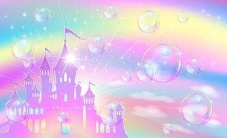 Rainbow sky background with flying bubbles and magic castle. vector