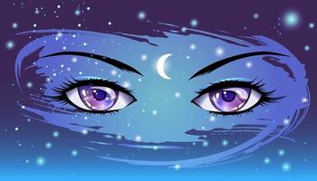 Purple anime eyes on the background of the night starry sky. vector