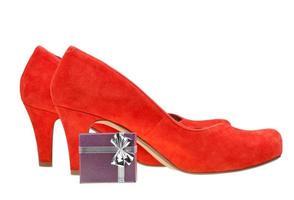 red high heel pumps shoes with small gift box photo